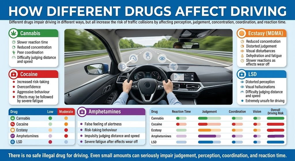 Comparison table-image showing which cognitive functions each drug impairs: Cannabis, Cocaine, Ecstasy, Amphetamines, and LSD mapped against perception, concentration, reaction time, and behaviour