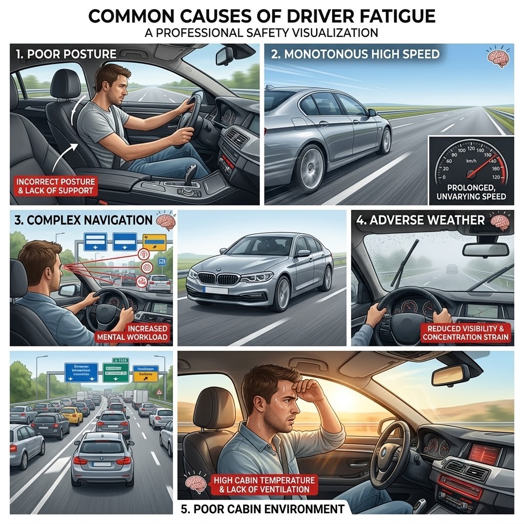 A driver in heavy traffic on a foggy road with a hot, poorly ventilated car interior