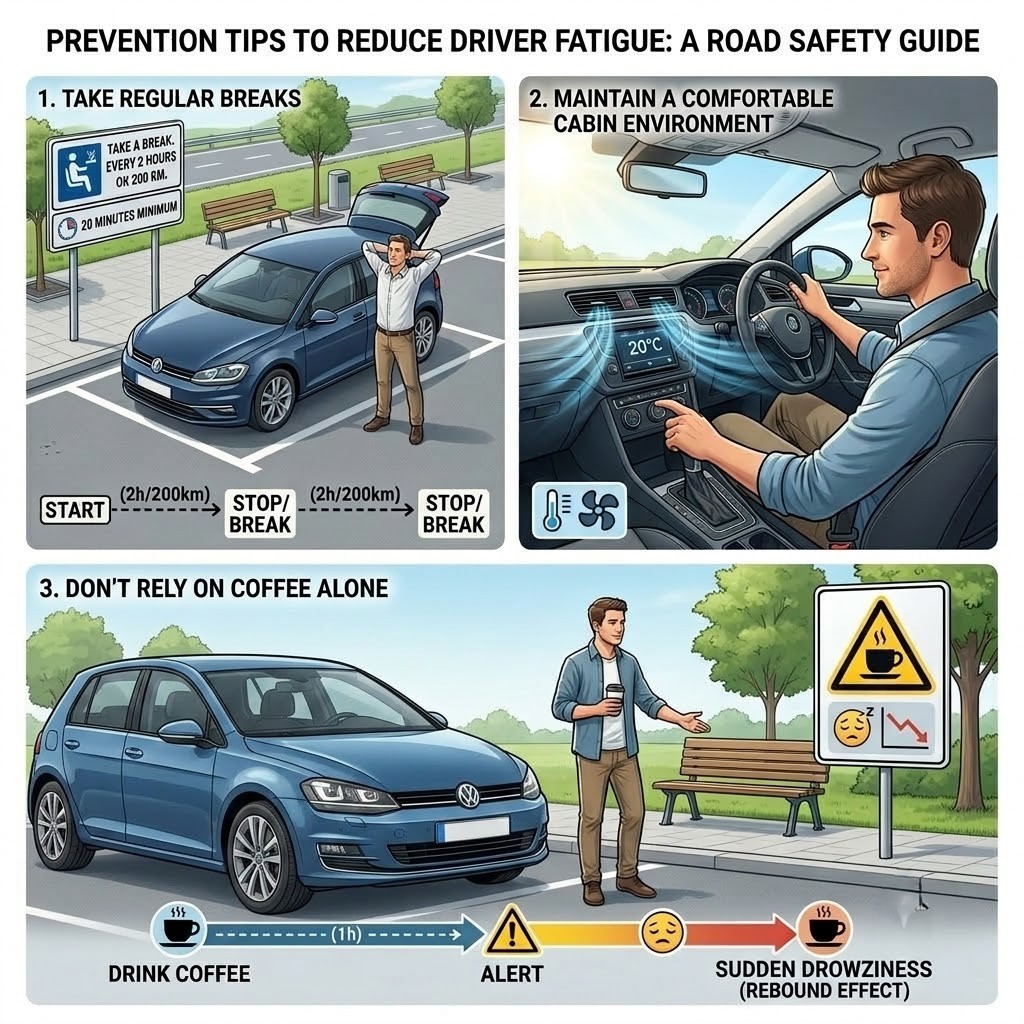 A driver at a motorway rest stop taking a break, with an infographic showing the 20 min / 2 hours / 200 km rest rule