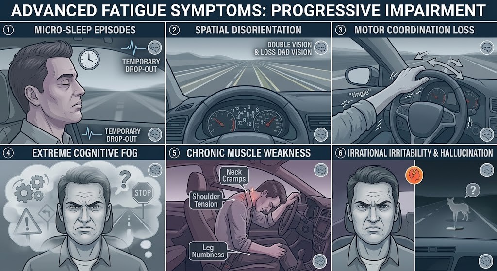 Annotated body diagram highlighting the physical symptoms of fatigue: heavy eyelids, numb arms, pressure in the head, restless posture