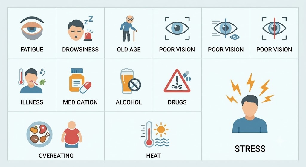 Icon grid infographic listing all 11 factors that increase reaction time: fatigue, drowsiness, age, poor hearing/vision, illness, medications, alcohol, drugs, overeating, heat, and stress