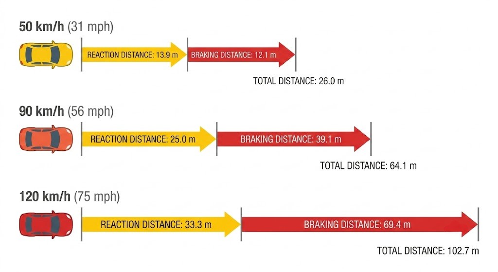 Top-down stopping distance diagram at 50, 90, and 120 km/h showing thinking distance plus braking distance under normal and adverse conditions