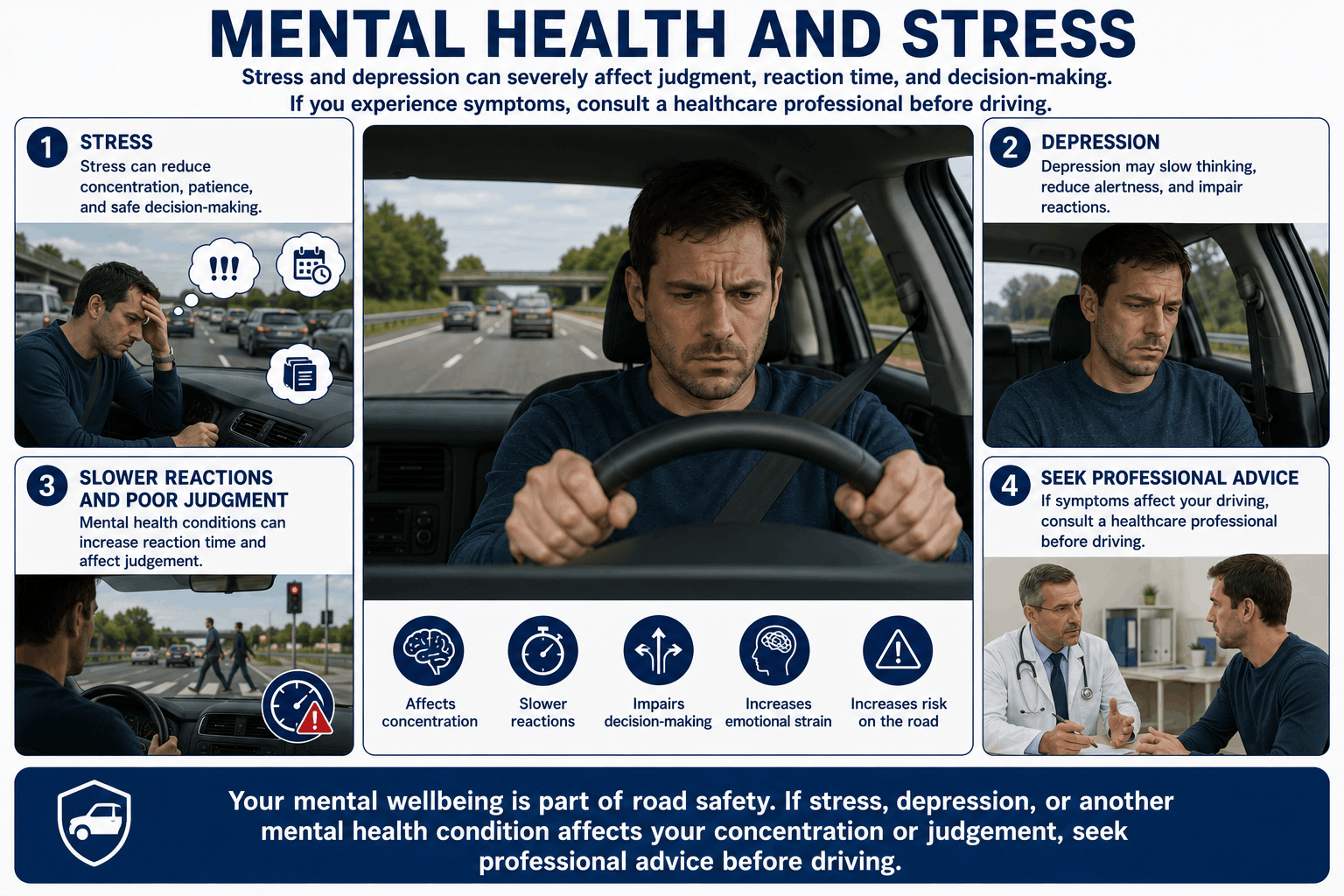 An abstract illustration of a stressed driver gripping the steering wheel tightly with a tense facial expression
