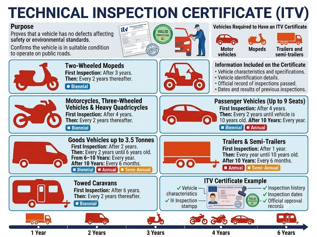 Timeline-style visual with one horizontal bar per vehicle type showing inspection points over vehicle age: two-wheeled mopeds (first at year 3, then every 2 years), passenger cars (first at year 4, every 2 years to year 10, then annually), goods vehicles up to 3.5t (first at year 2, every 2 years to year 6, annually to year 10, every 6 months after), trailers (first at year 1, annually to year 10, every 6 months after), towed caravans (first at year 6, every 2 years after)