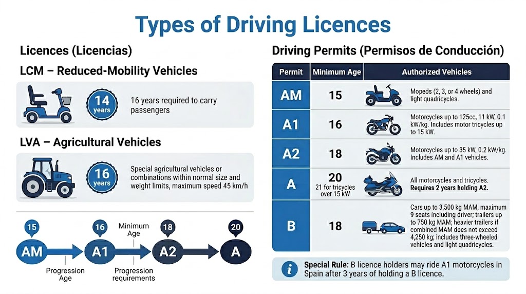 Flowchart showing the motorcycle licence progression: AM (age 15) to A1 (age 16) to A2 (age 18) to A (age 20, after 2 years on A2), with a side branch showing B licence holders can access A1 after 3 years in Spain