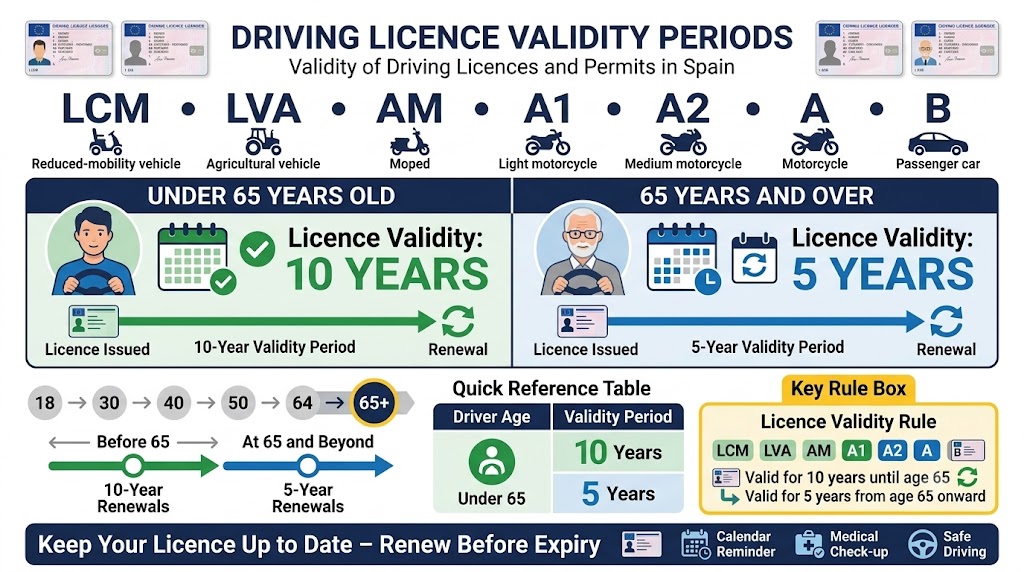 Two person silhouettes side by side: left silhouette labelled "Under 65" with a 10-year renewal period shown; right silhouette labelled "65 and over" with a 5-year renewal period shown