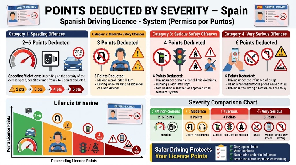 Colour-coded severity scale with four bands: yellow (2-6 points, speeding), orange (3 points, U-turn, headphones, radar detectors), red (4 points, alcohol 0.25-0.50, no belt/helmet, running red lights etc.), dark red (6 points, alcohol over 0.50, drugs, phone in hand, wrong-way driving etc.), with the most common offences listed under each band
