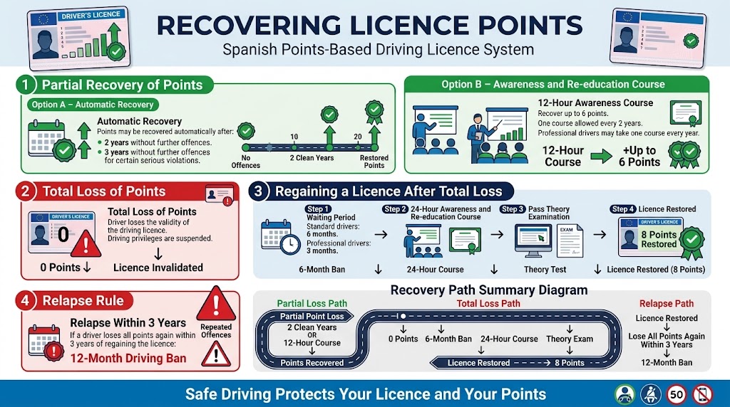 Decision-tree flowchart for points recovery: top branch = partial loss (2 clean years OR 12h course to up to 6 points back); bottom branch = total loss (6-month ban to 24h course to exam to 8 points restored); relapse branch = total loss again within 3 years to 12-month ban before recovery