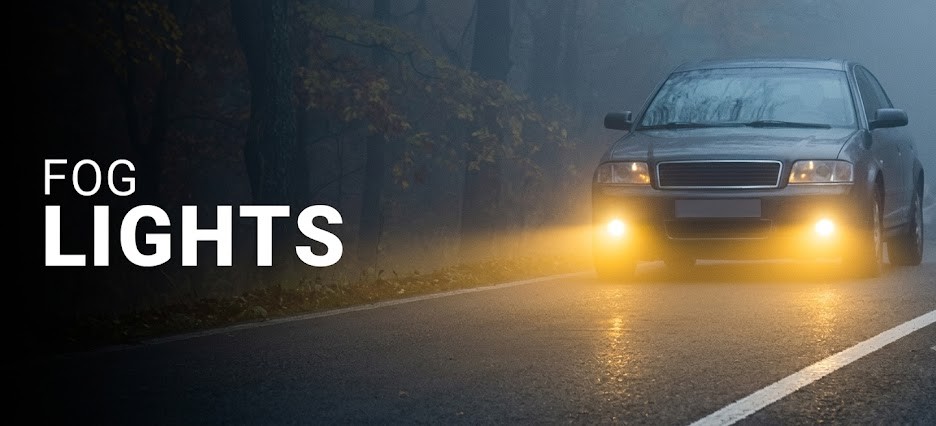 Two-column icon chart comparing front and rear fog light rules: front fog light column marked "optional" with icons for dense fog, heavy rain, snow, and narrow winding road; rear fog light column marked "mandatory" with icons for heavy fog, rain, and snow, plus a note to switch off when visibility improves