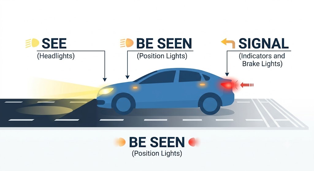 Vehicle silhouette with three labelled callouts: headlights pointing forward labelled "See", position lights around the body labelled "Be Seen", and indicators and brake lights labelled "Signal"