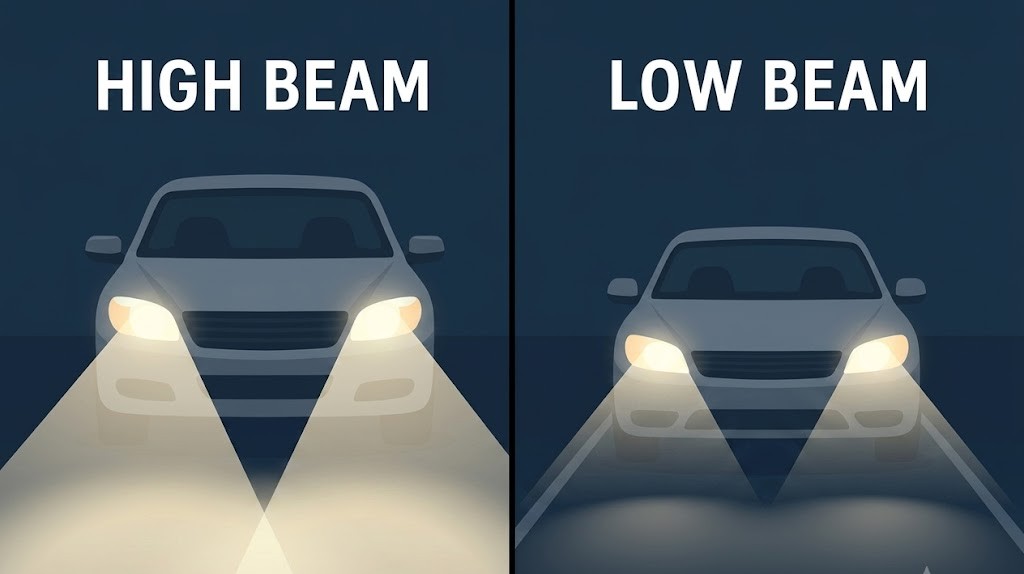 Side-by-side road-view illustration: left panel shows dipped/low beam with a short beam angled downward illuminating roughly 40-60 m ahead; right panel shows main/high beam projecting straight ahead and illuminating up to 100 m or more