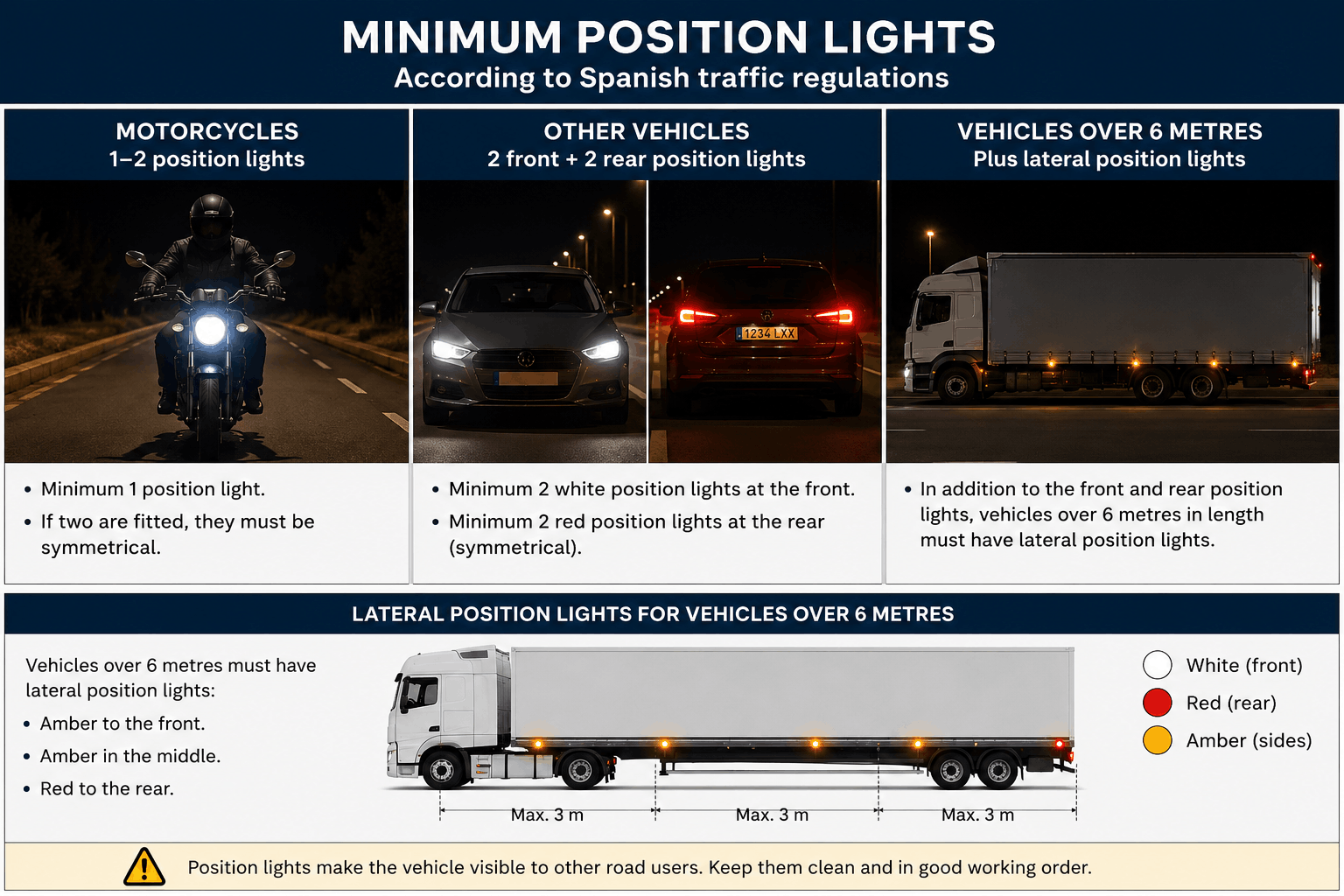 Icon chart with three vehicle silhouettes showing light-count requirements: motorcycle with 1-2 dots front and rear, standard car with 2 dots front and 2 rear, long vehicle over 6 m with additional lateral dots
