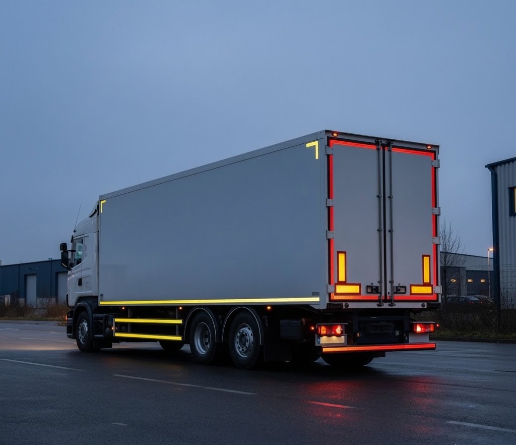 Front, rear, and side view of a vehicle showing reflector colours: white reflectors at the front, red reflectors at the rear, and amber reflectors on the sides of trailers