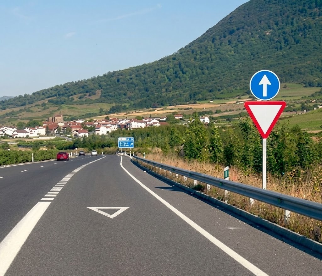 Top-down view of a car using an on-ramp acceleration lane to merge onto a motorway, yielding to main traffic