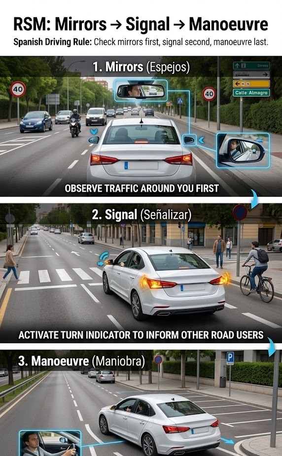 Three-step diagram: checking mirrors, then signalling, then executing the manoeuvre