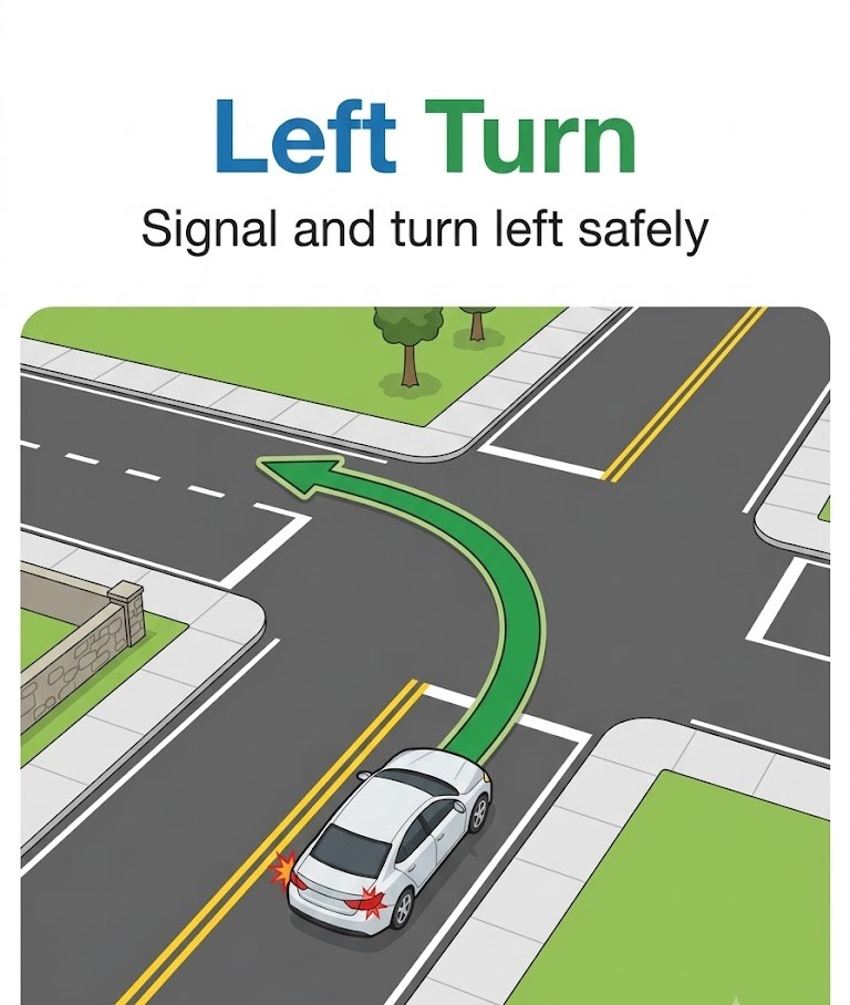 Top-down diagram showing left-turn positioning near the centreline, yielding to oncoming traffic, with the turning arc