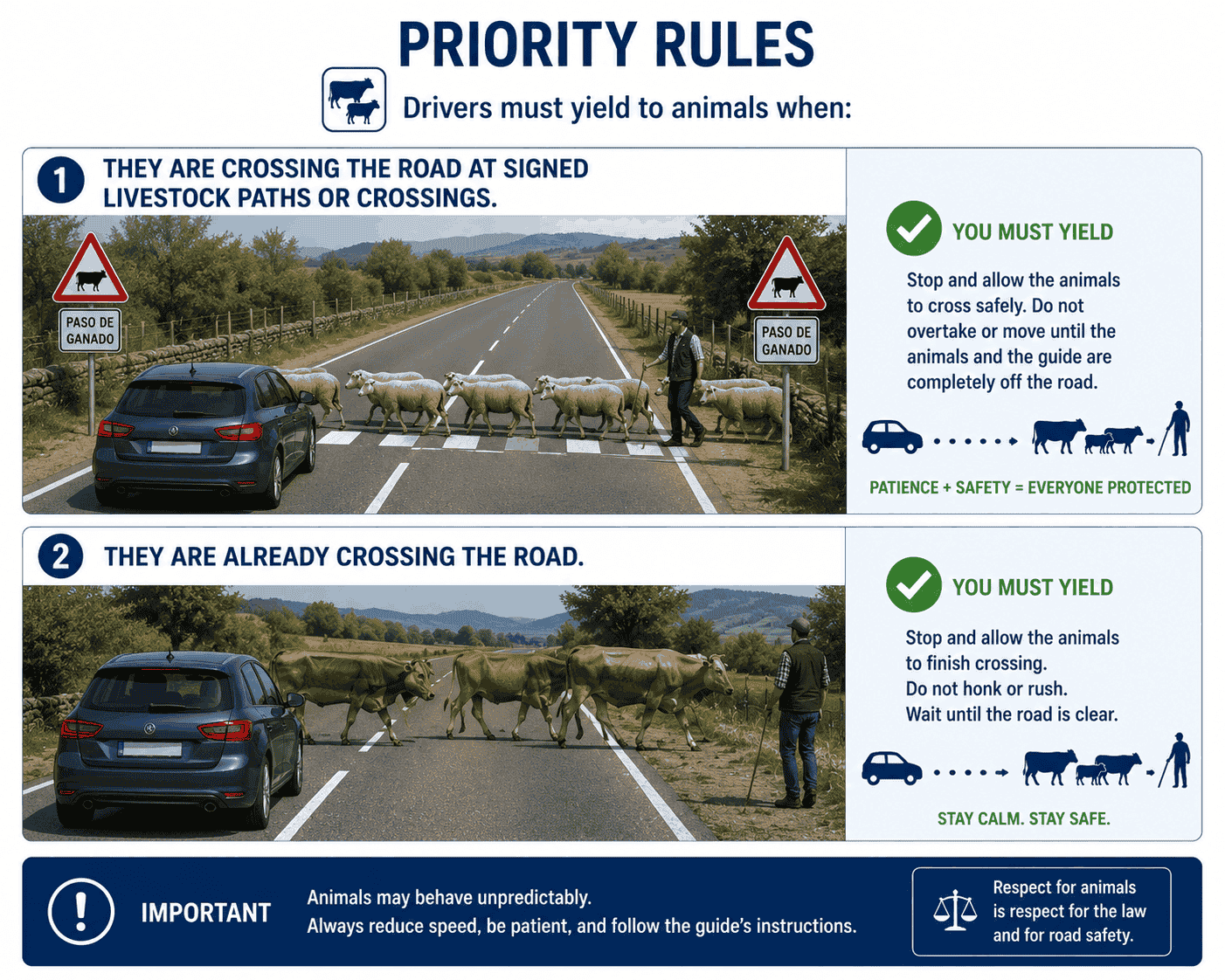 A signed livestock crossing with animals moving across the road and a car stopped waiting, with a livestock crossing sign clearly visible