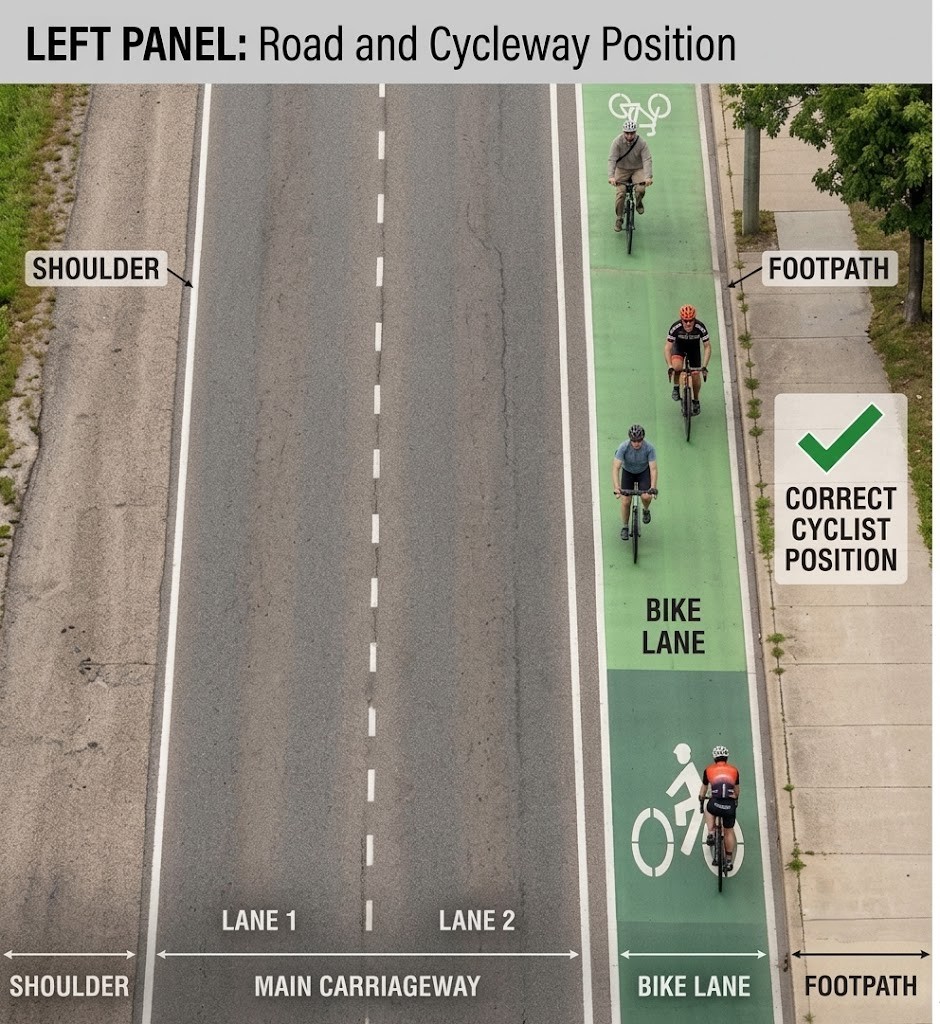 A cyclist riding in a marked bike lane alongside a car on the main road, with the lane boundary clearly visible