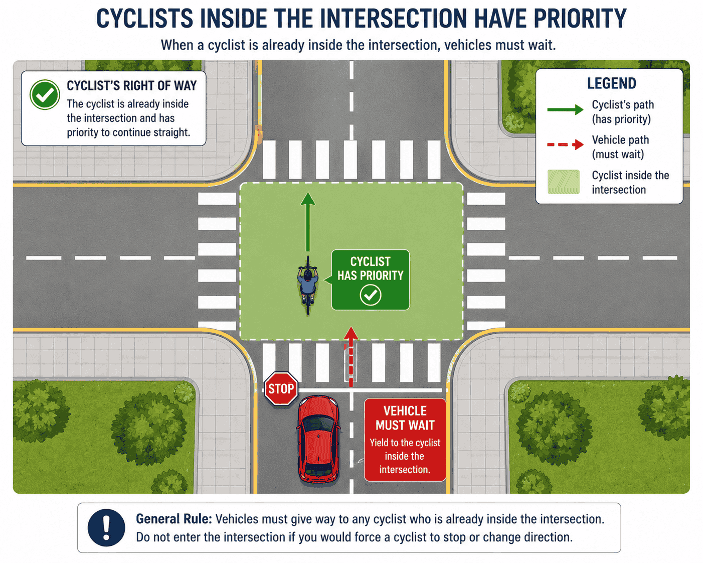 Top-down diagram of an intersection: a cyclist already mid-crossing while a car waits at the edge, illustrating that the cyclist has right of way once they have entered the intersection