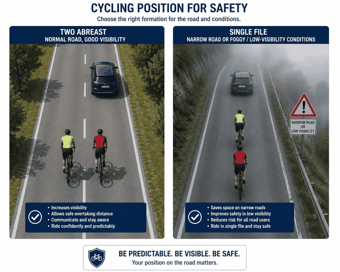 Road cross-section diagram showing a bike lane, shoulder, and main roadway with correctly positioned cyclists. A second panel compares two cyclists riding two abreast (normal) versus single file (narrow or low-visibility roads).