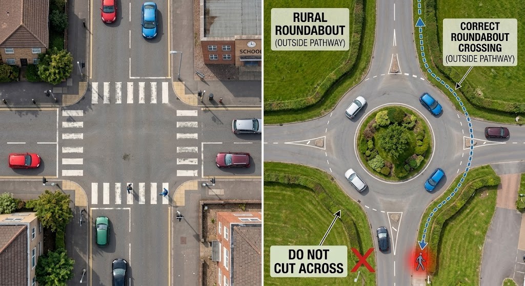 Overhead diagram showing two scenarios: left - a pedestrian crossing straight across a zebra crossing (not diagonally); right - a pedestrian walking around the outside of a roundabout rather than cutting across