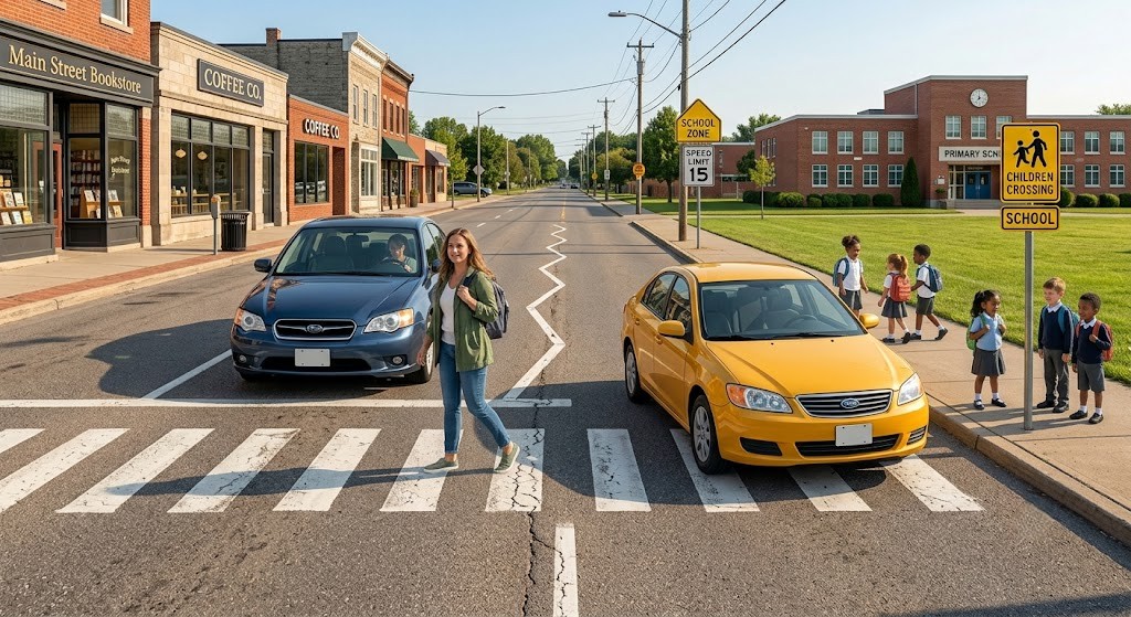 A car stopped at a zebra crossing as a pedestrian crosses, alongside a school zone sign with a driver visibly slowing down