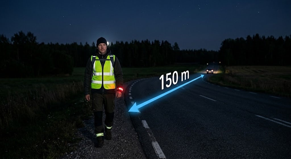 Night-time illustration of a pedestrian wearing a reflective vest and luminous wristband on a rural road, with a 150 m visibility distance marker shown