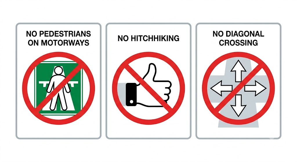 Three prohibited action icons: a pedestrian with a red cross on a motorway sign, a hitchhiking thumb crossed out, and a diagonal crossing arrow crossed out