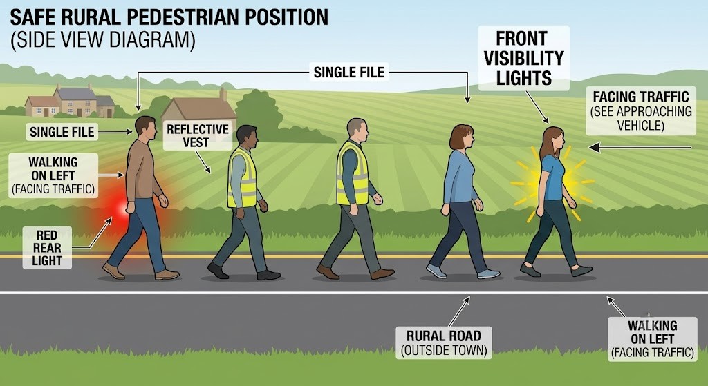 Diagram of a road outside a town: pedestrians walking in single file on the left side facing traffic. A figure wearing a reflective vest is highlighted. White light at group front, red light at rear.