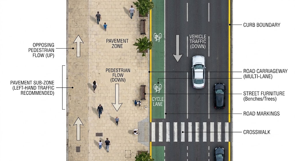 Top-down diagram of a pavement and road in a town: pedestrians walking on the right side of the pavement, with the carriageway boundary clearly marked