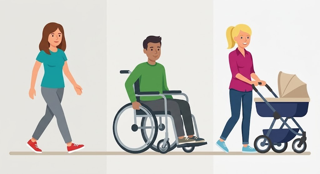 Three pedestrian types side by side: a person walking, a person in a wheelchair, and a person pushing a pram