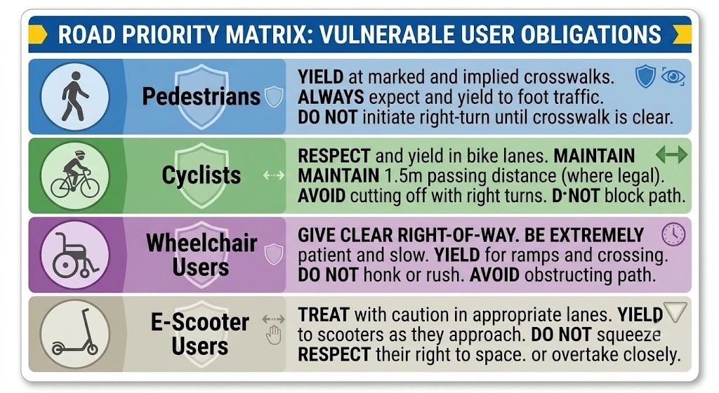 A colour-coded visual priority matrix card: four rows for pedestrian, cyclist, wheelchair user, and animals - each with an icon, a colour band, and their key driver obligations summarised alongside