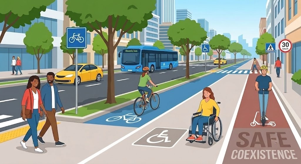 A wide scene showing the diversity of road users sharing a road: pedestrians, cyclists, a wheelchair user, a scooter rider, and a car, all coexisting