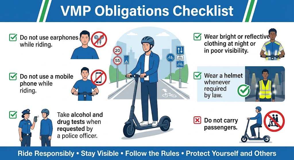 A horizontal icon checklist card showing six VMP obligations: no earphones, no mobile phone, helmet required, no passengers, reflective gear at night, and alcohol/drug testing compliance