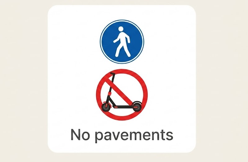 A pavement with a pedestrian zone sign and a VMP crossed out
