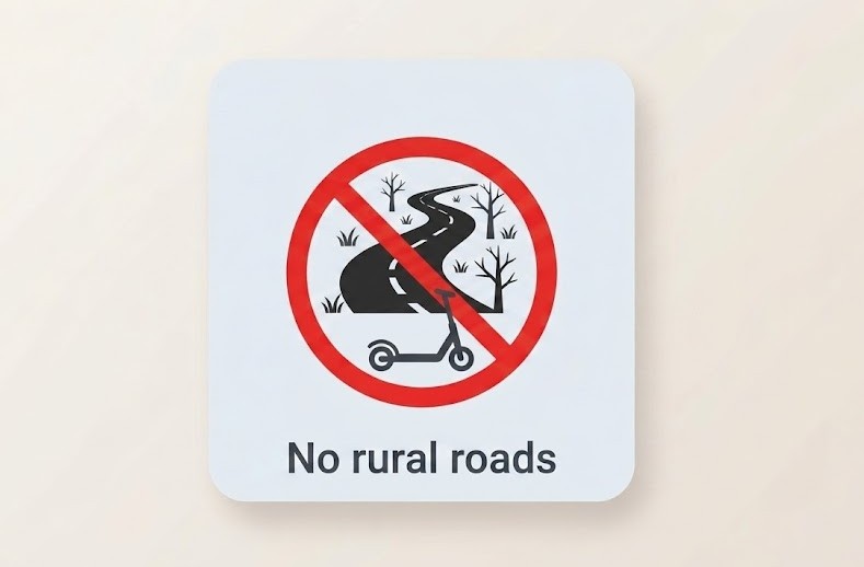 A rural road outside a town with a VMP crossed out