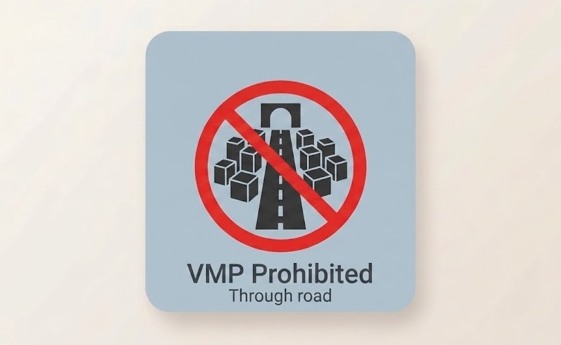 A through-road town sign with a VMP crossed out