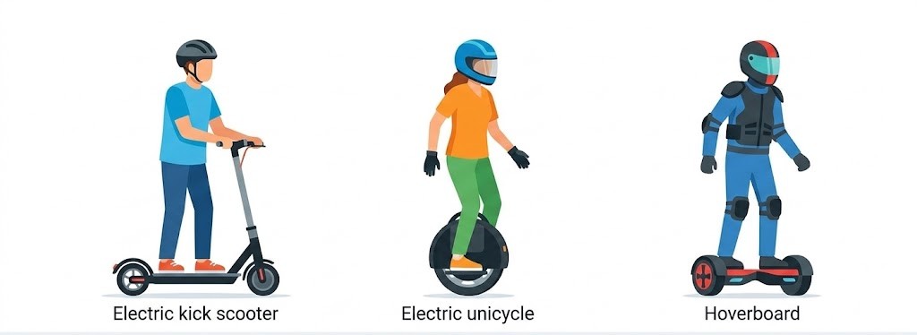 Illustrations of various VMP types: electric scooter, electric unicycle, and hoverboard, alongside a clear "prohibited zones" graphic showing the 5 forbidden environments