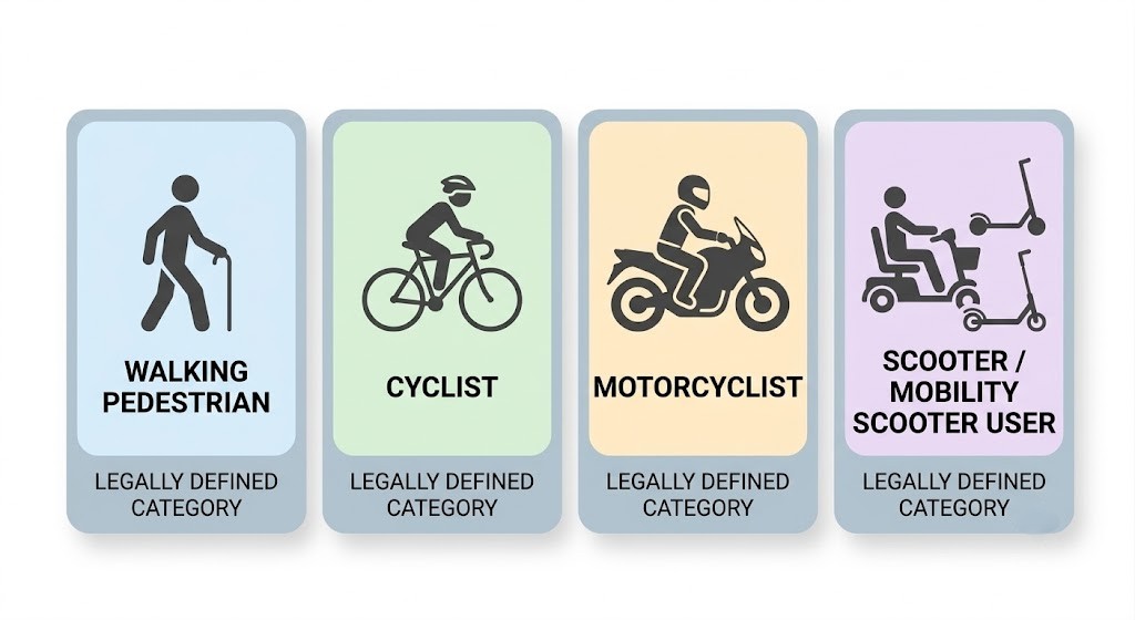 Infographic showing the four legally defined vulnerable user categories with icons: pedestrian (walking figure), cyclist (bicycle), motorcyclist (motorcycle), and scooter/mobility scooter user