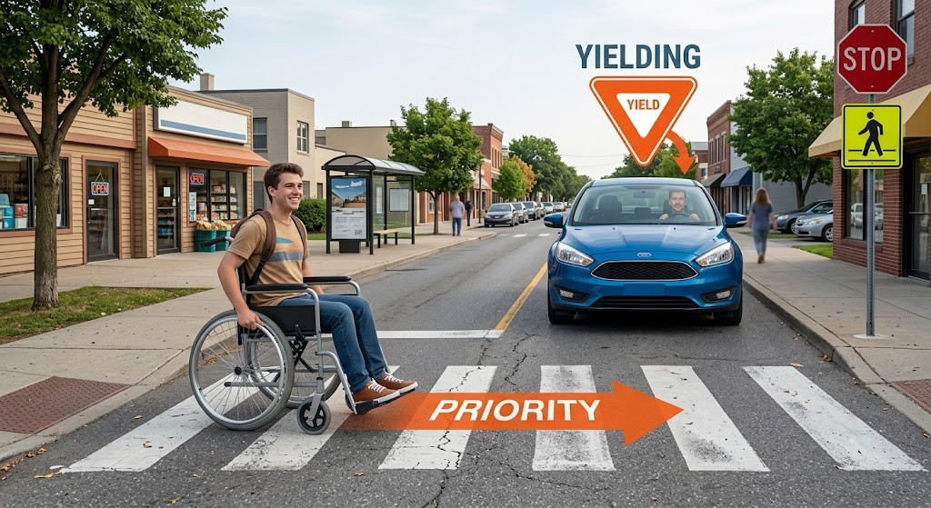 A wheelchair user crossing at a pedestrian crosswalk while a car is stopped and yielding, with a yielding/priority arrow overlay