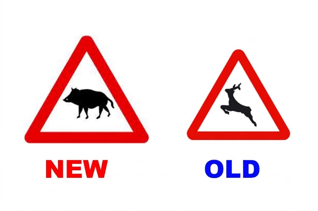 Diagram of a livestock crossing sign and animals on the road with a car stopped and yielding