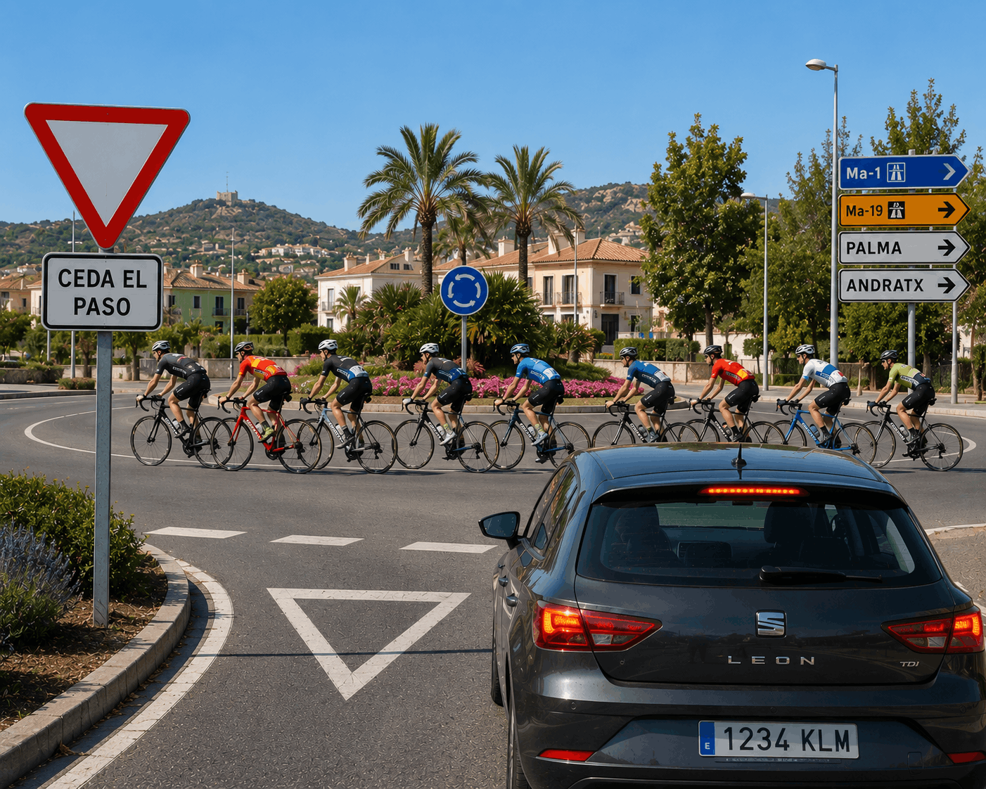 Illustration of a group of cyclists entering an intersection as one unit, with a note that the whole group is treated as a single vehicle