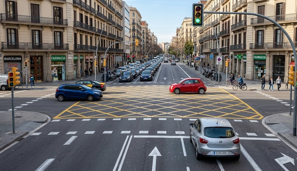 Warning-style diagram showing a car stuck in the middle of an intersection due to congestion, blocking cross-traffic