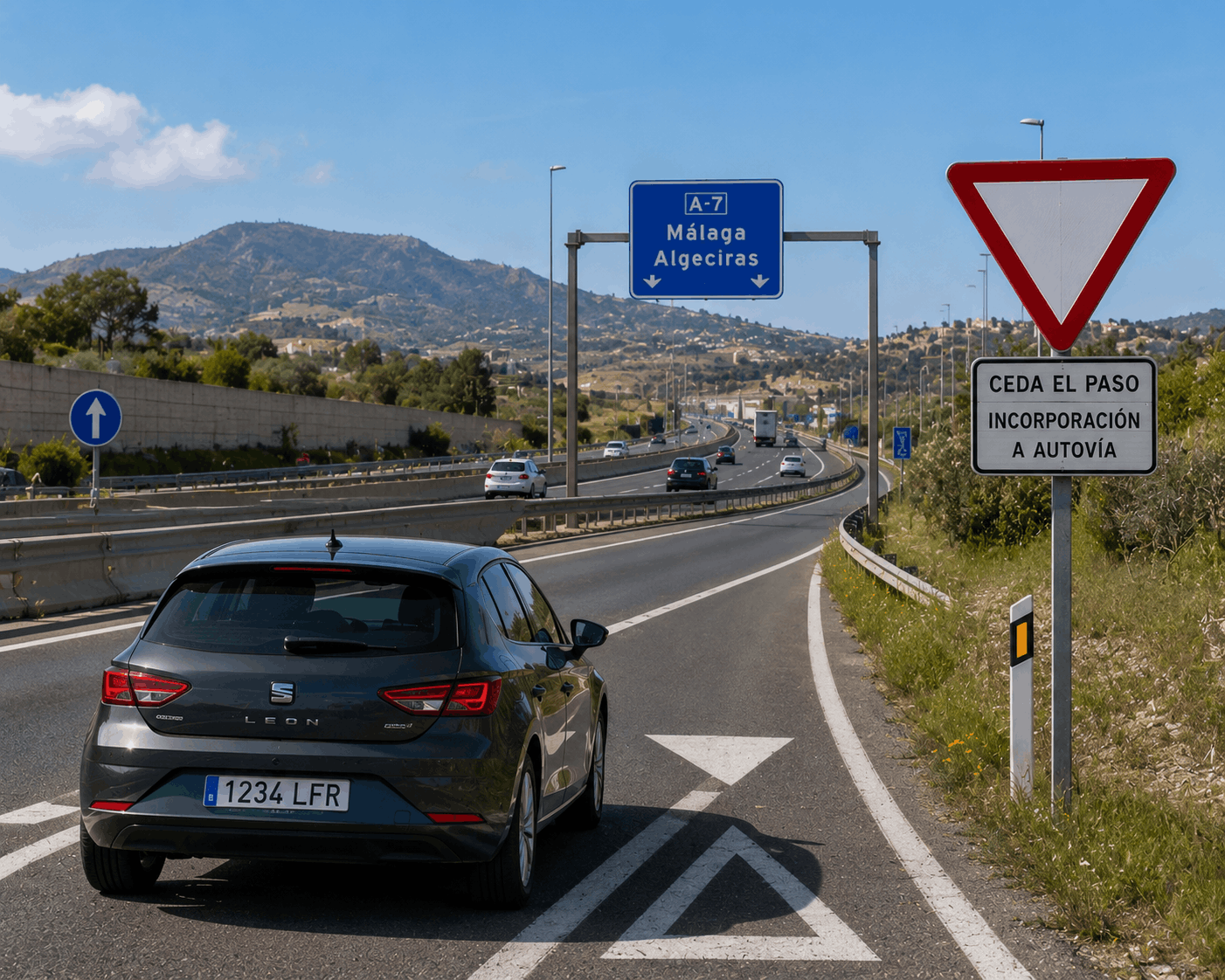 Diagram of an on-ramp merging onto a motorway showing the merging car yielding to traffic already on the main road