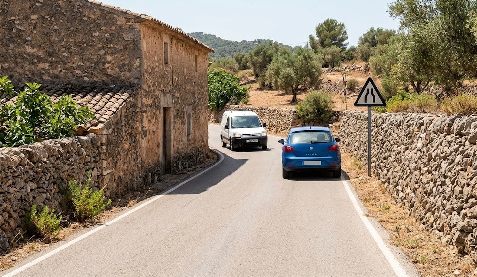 Top-down view of a road narrowing due to road works with two vehicles approaching from opposite sides, indicating who has priority