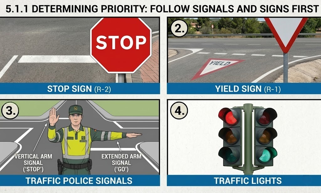 Reference panel showing the most common priority-regulating signs: Stop, Yield/Give Way, traffic light, and police agent hand signals side by side