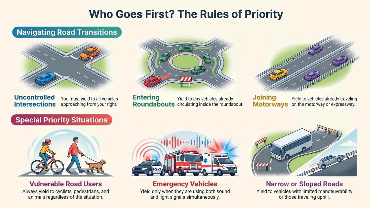 Visual infographic summarising the 6 priority situations with small icons: intersection, roundabout, motorway, narrow road, pedestrian/cyclist/animal, ambulance