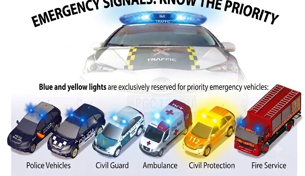 Illustration comparing a police/ambulance/fire vehicle with a blue flashing light and siren versus a road-assistance vehicle with a yellow flashing light, making the colour distinction clear