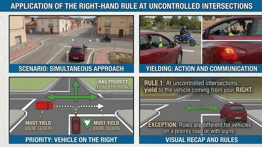 Top-down diagram of a 4-way uncontrolled intersection with two cars approaching, arrows showing who yields to whom under the right-hand rule