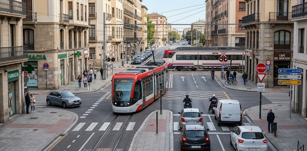 Illustration of a tram at an intersection with a car, highlighting that the rail vehicle always has priority